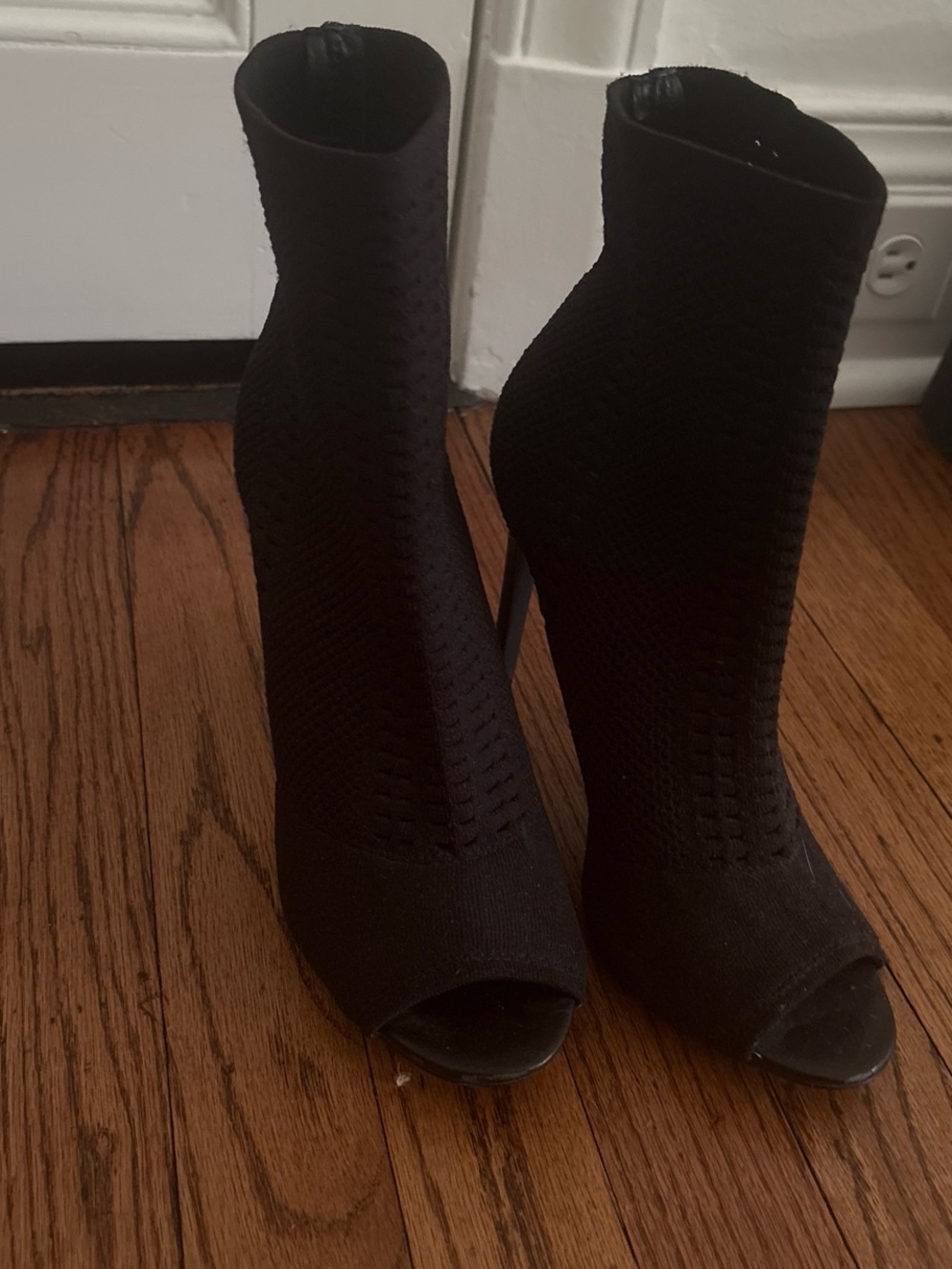 Steve Madden Black Knit Peep-Toe Stiletto Ankle Booties